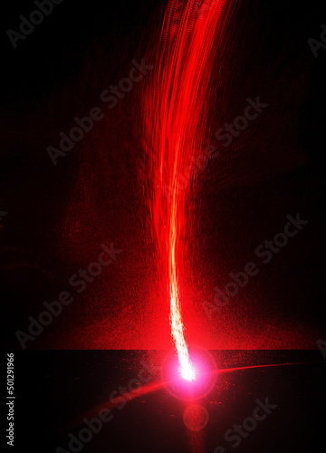 Fire trail and simulated meteorite impact using laser beams.