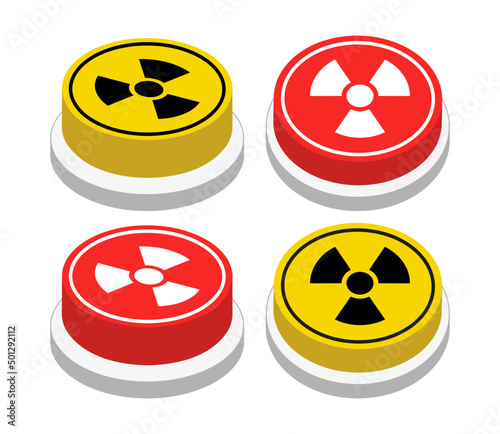 3D illustration vector nuclear circular push button icon collection. Nuke allert icon mark symbol. Top perspective view.