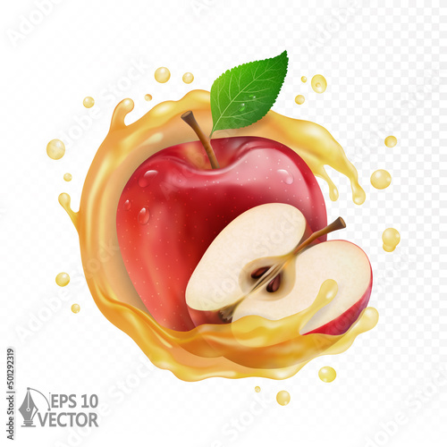 Natural fresh red apple and half, realistic apple juice, transparent splash and drops, 3d vector illustration