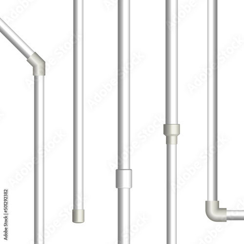 Various connections of plastic pipes. Front view  vector illustration