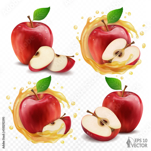 Natural fresh red apples with halves and slices, juicy transparent splash and drops, 3d realistic vector illustration