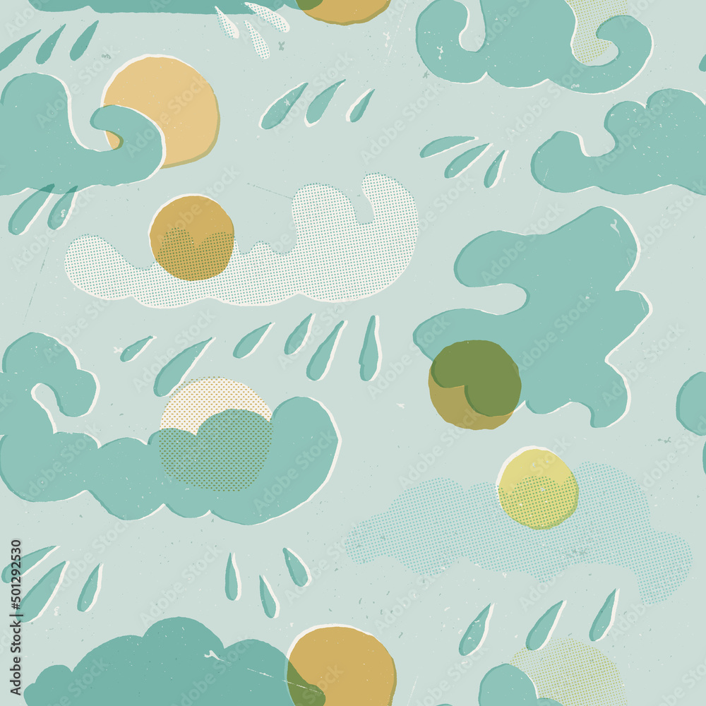 Retro style seamless pattern with various textured clouds and sun on blue sky background. Meteorology oriental repeat.