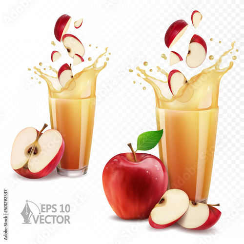 Juicy splash and drops, real apple juice in a glass, natural fresh red apples, slices and halves, 3d realistic vector illustration set