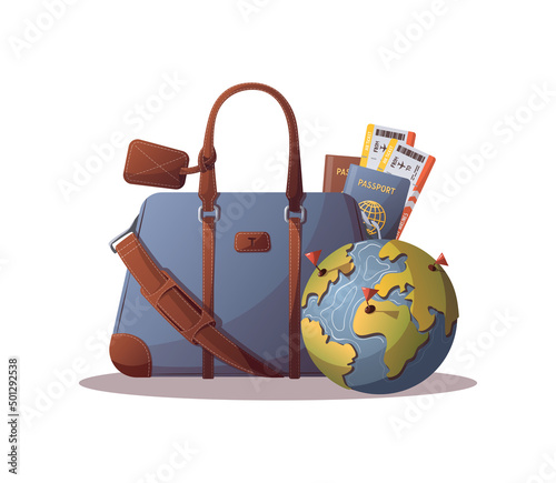 Bag, passports and globe. Travel, tourism, adventure, journey concept. Isolated vector illustration for poster, banner, sign, cover, advertising, card.