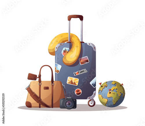 Suitcase, travel pillow, bag, camera and globe. Travel, tourism, adventure, journey concept. Isolated vector illustration for poster, banner, sign, cover, advertising, card.