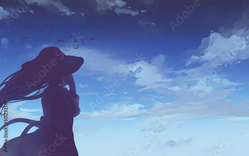 帽子をかぶった女の人のシルエットと晴天の青空 © Iro Kasumi