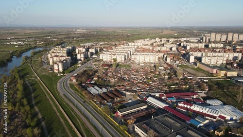 Sunset Aerial view of Stolipinovo ghetto neighborhood in City of Plovdiv, Bulgaria  photo