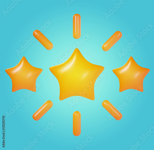 Three yellow glossy star with sunburst isolated on blue background. Realistic sweet 3d design element for quality rating. Cartoon colorful clay, plastic or soft toy. Beautiful vector illustration.