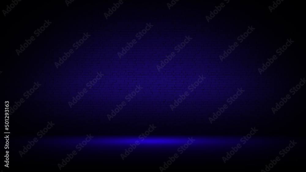 Fototapeta premium Dark blue studio interior with brick wall. Background with brick wall texture for mounting, product placement, template, mockup. Blue banner, advertising design