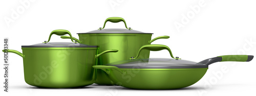 Fotografie, Obraz Set of stewpot, frying pan and chrome plated cookware on white background