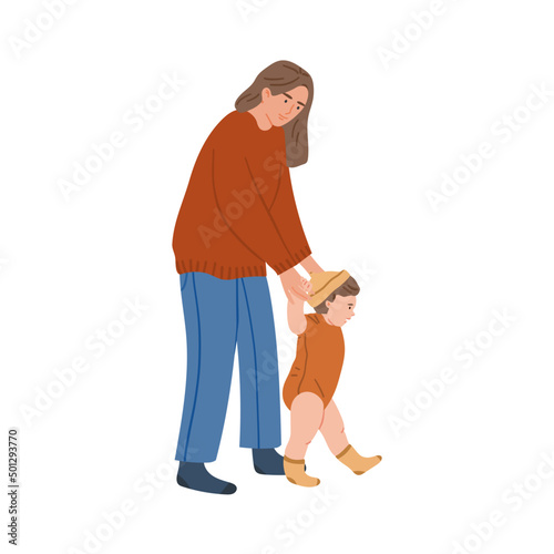 Happy mom helps baby learn to walk. A young child who is just beginning to walk. Mother with toddler. Vector hand drawn illustration in cartoon flat style. Isolated on white background.