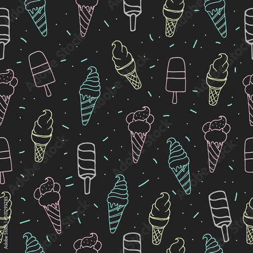 doodle ice cream art. seamless pattern with set of ice cream with sprinkles illustration isolated on blackboard background. colorful outline, hand drawn vector. wallpaper, backdrop, wrapping paper.