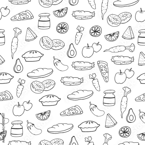 set of food icon. small shape. hand drawn vector. seamless pattern with food vector. bakery, fruit and vegetable illustration on white background. wallpaper, wrapping paper and gift, backdrop, fabric.