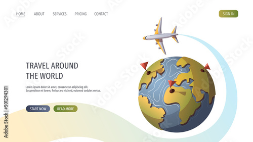 Airplan flying around the globe. Travel, tourism, adventure, journey concept. Vector illustration for banner, poster, website, advertising.