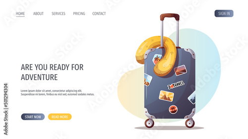 Suitcase, travel pillow. Travel, tourism, adventure, journey concept. Vector illustration for banner, poster, website, advertising.