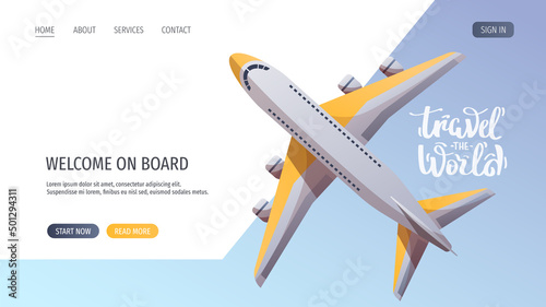 Airplane top view and "Travel the world" lettering. Air travel, tourism, adventure, journey, Airplane concept. Vector illustration for banner, poster, website, advertising.