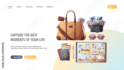 Travel bag, passports and tickets, camera and travel journal. Travel, tourism, adventure, journey concept. Vector illustration, website template.
