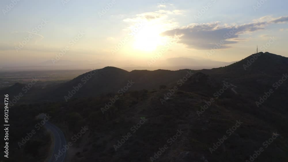 Drone At Sunset Over Landscape Of Sant Pere De Rodes Drone At Sunset Over Landscape Of Sant Pere De Rodes