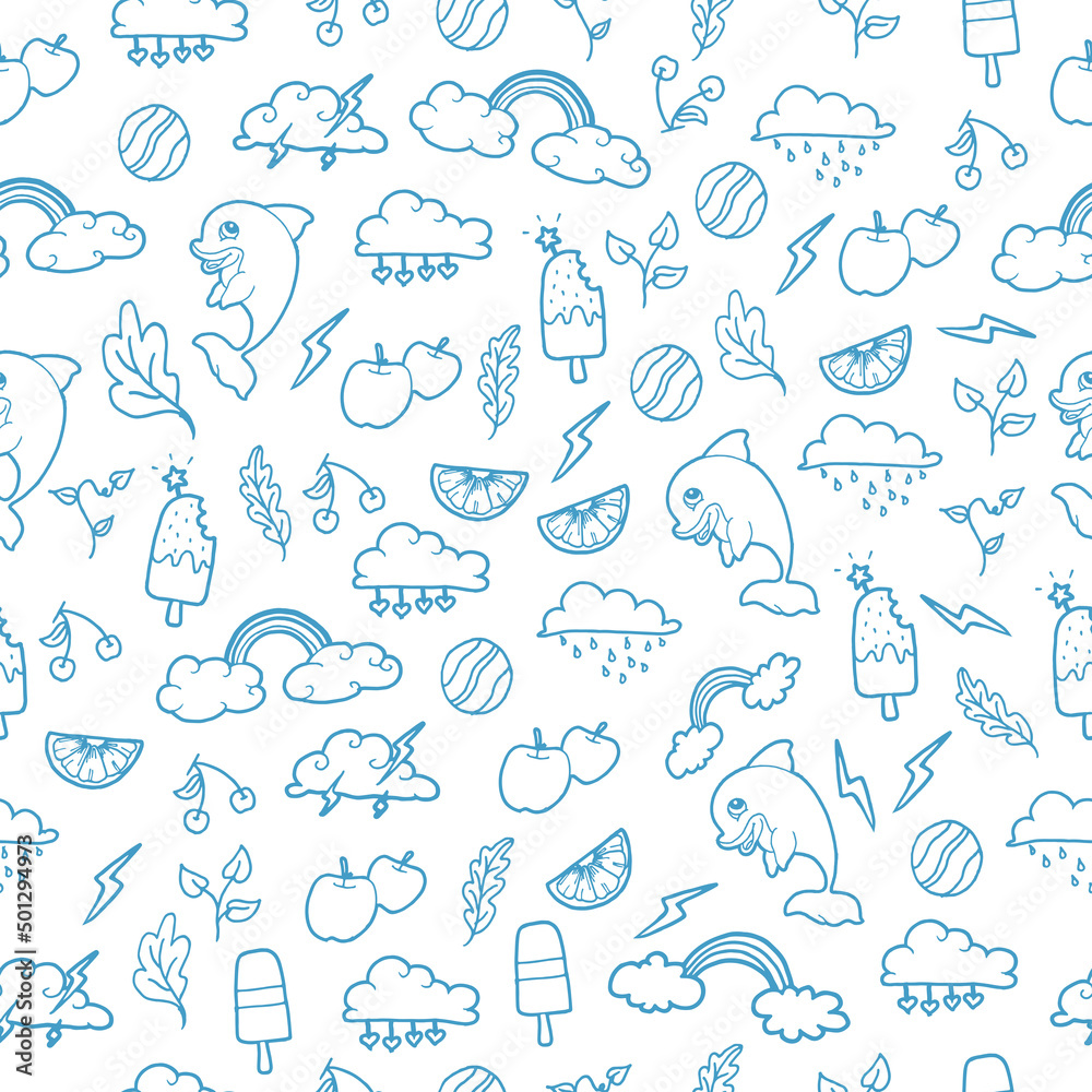 cute doodle art. holiday icon. cloud, rainbow, dolphin, cherry, apple, orange fruit, leaf, ball, and ice cream illustration. seamless pattern with doodle art. isolated on white. wallpaper, wrapping
