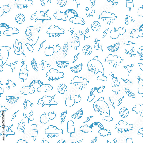 cute doodle art. holiday icon. cloud  rainbow  dolphin  cherry  apple  orange fruit  leaf  ball  and ice cream illustration. seamless pattern with doodle art. isolated on white. wallpaper  wrapping