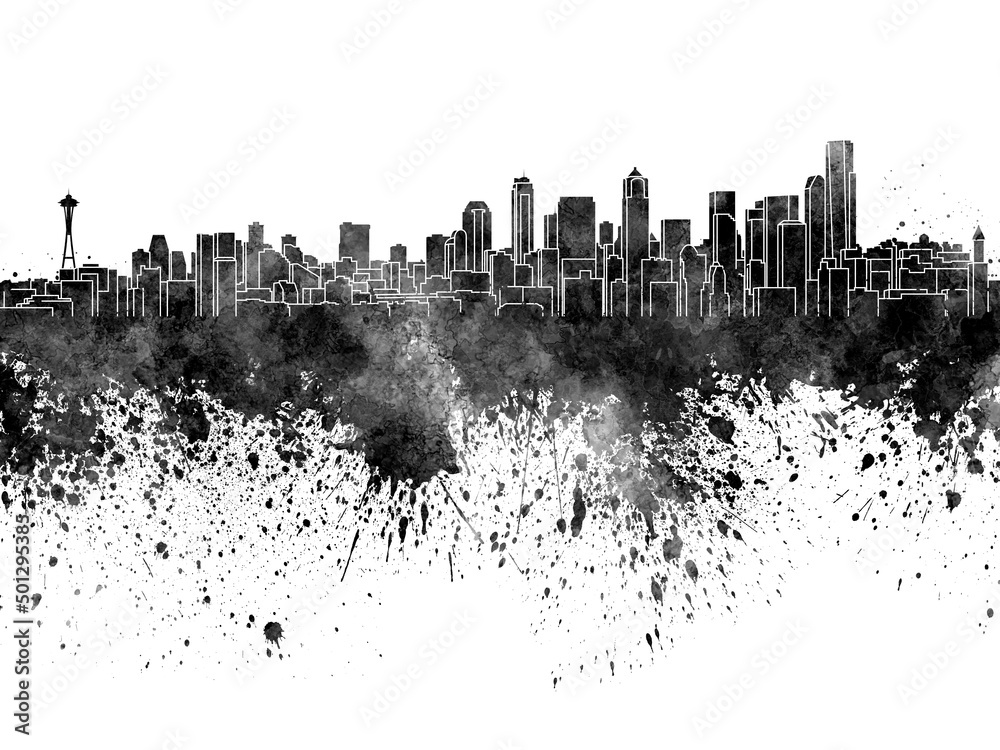 Seattle skyline in black watercolor on white background
