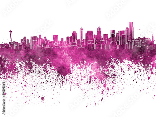 Seattle skyline in pink watercolor on white background
