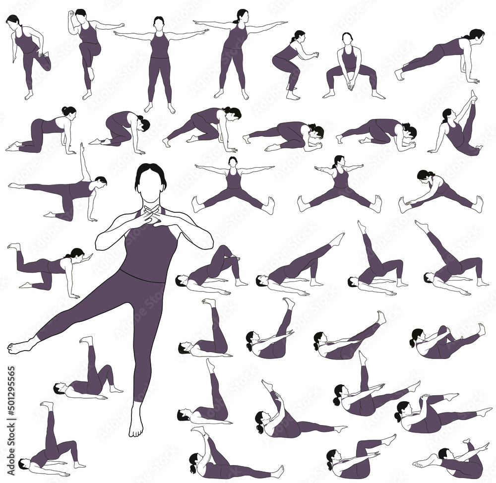 Big set of vector silhouettes of woman practicing fitness and yoga. Contours of girl in costume doing exercises and stretching in different poses isolated on white background. 