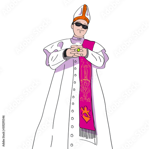 catholic church priest in sunglasses, outline, drawing