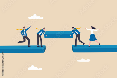 Build business bridge connect path together, solution or teamwork idea, cooperation or collaboration to success together concept, business people team help building the bridge to connect the way.