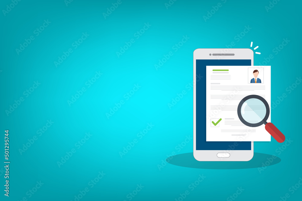 Online resume analysis, use phone and magnifying glass to view recruitment resume, concept of recruitment and human resources Online resume analysis, use phone and magnifying glass to view recruitment resume, concept of recruitment and human resources