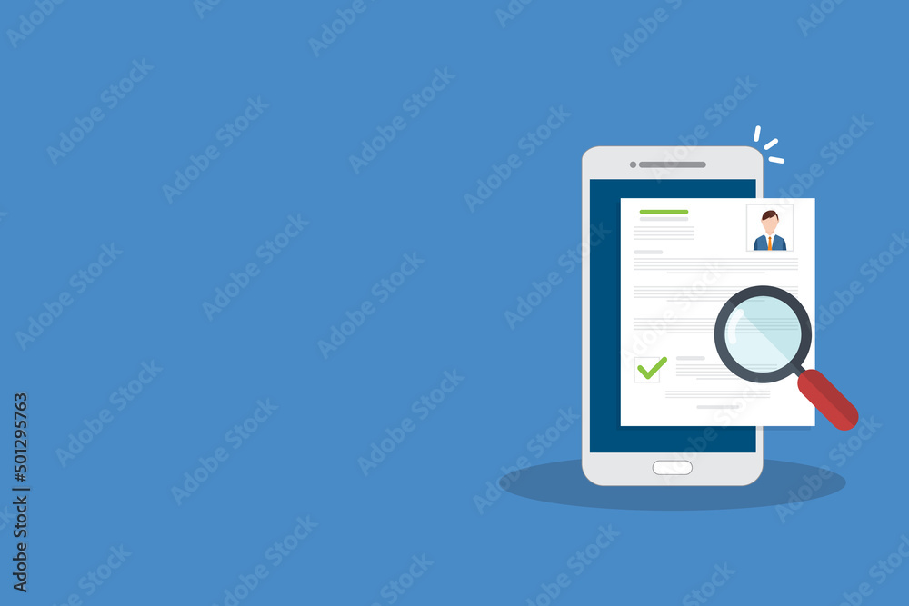 Online resume analysis, use phone and magnifying glass to view recruitment resume, concept of recruitment and human resources Online resume analysis, use phone and magnifying glass to view recruitment resume, concept of recruitment and human resources