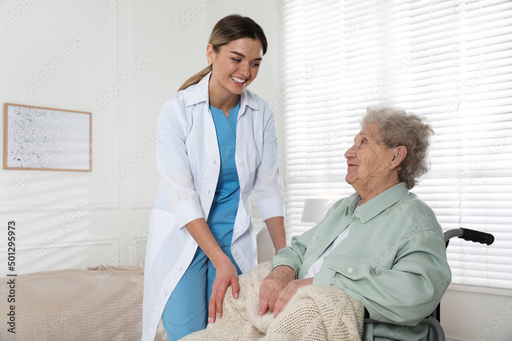 Obraz premium Young caregiver assisting senior woman in wheelchair indoors. Home health care service