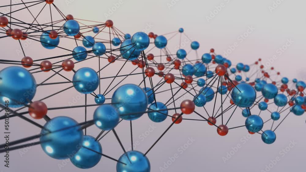 3D animation molecule structure with defocus effect. Scientific medical background with atoms and molecules 3d rendering animation.
