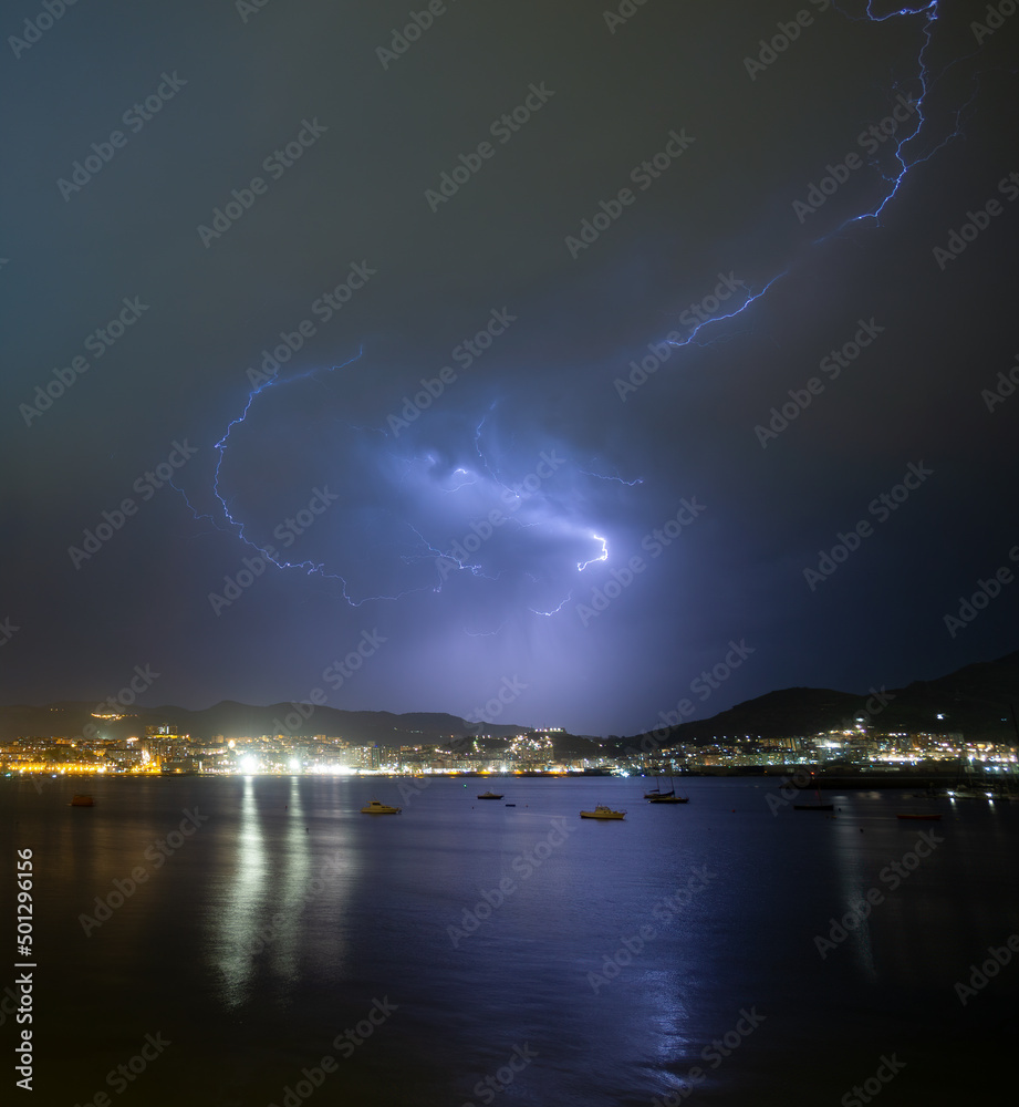 Lightning thunderstorm on stormy dark sky