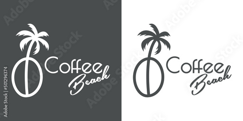 Coffee Shop. Beach bar. Logotipo con texto Coffee Beach con silueta de frijol de café con palmera con líneas en fondo gris y fondo blanco
