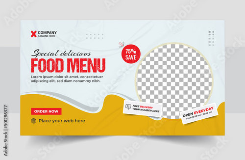 Creative fast food business promotion web banner template design, Restaurant healthy burger online sale social media marketing cover or web banner