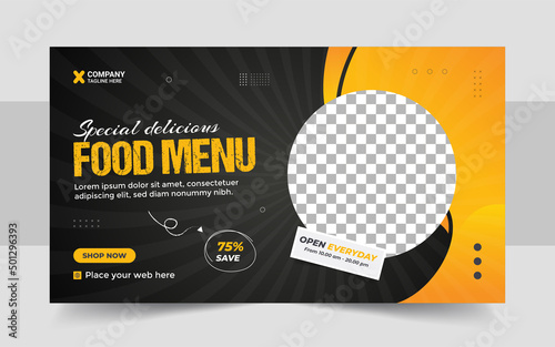 Creative fast food business promotion web banner template design, Restaurant healthy burger online sale social media marketing cover or flyer.