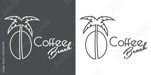 Coffee Shop. Beach bar. Logotipo con texto Coffee Beach con silueta de frijol de café con palmera con líneas en fondo gris y fondo blanco