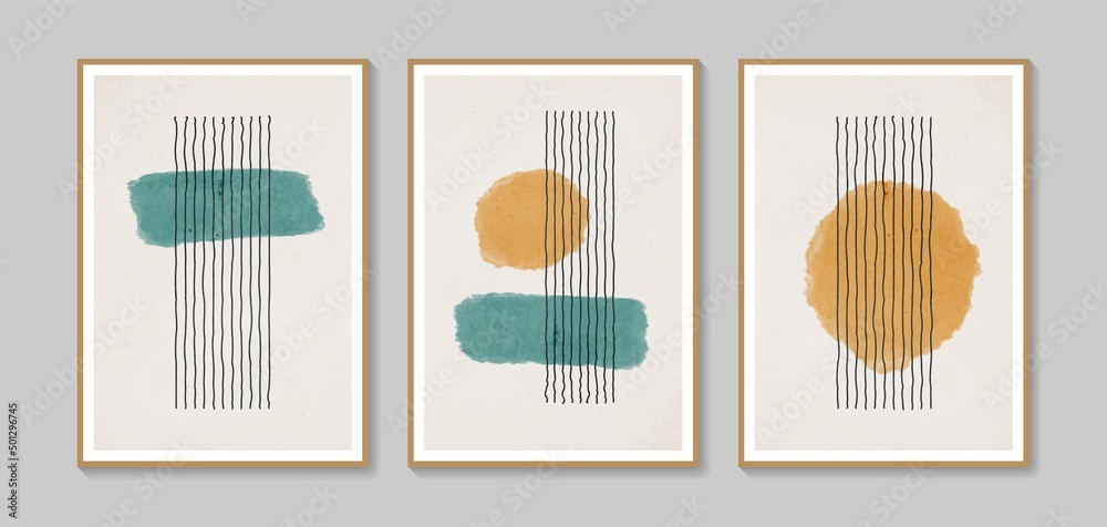 Collection of vector abstract wall art. Boho color organic shape. Artistic design for poster, print, cover, wallpaper, minimalistic and natural wall art. Vector illustration with grunge texture.