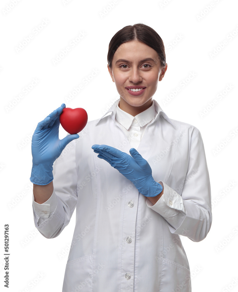 Doctor holding red heart on white background. Cardiology concept Doctor holding red heart on white background. Cardiology concept