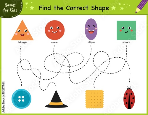 Find the correct shape. Maze game for kids. Learning shapes activity page for preschool. Puzzle template for handwriting practice. Vector illustration