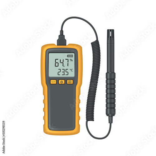 Realistic thermohygrometer with probe. Measuring device designed to determine the humidity of air and gases. Vector illustration. photo