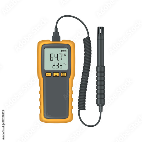 Realistic thermohygrometer with probe. Measuring device designed to determine the humidity of air and gases. Vector illustration.
