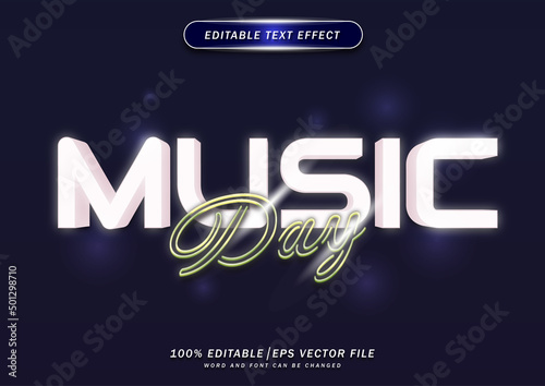 Music day text effec.. Mockup text template with neon style.. music event. Suitable for logos, social media and banners.