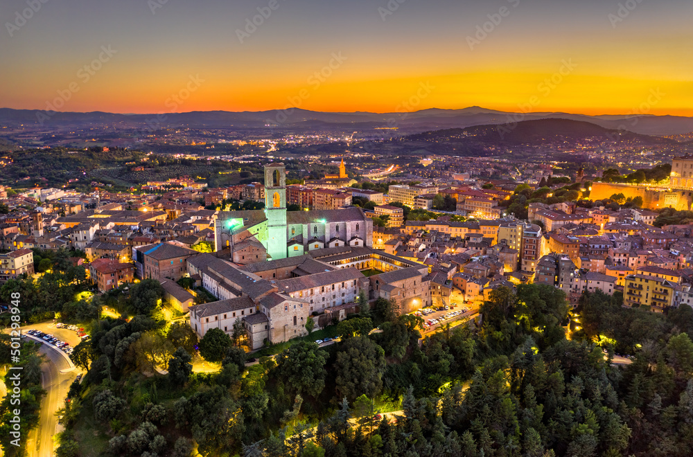 Aerial view of San Domenico Basilica in Perugia, Italy at sunset
