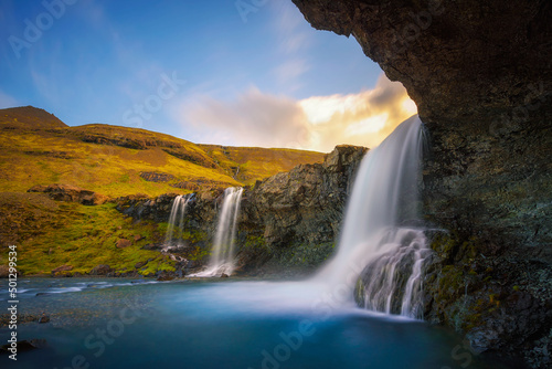 Skutafoss waterfalls near Hofn in Iceland photographed from a cave