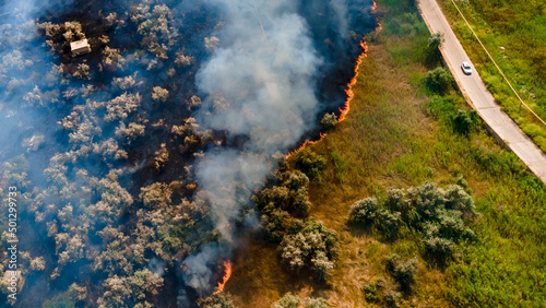 Top view at the beginning of the fire in a grassy field near the road