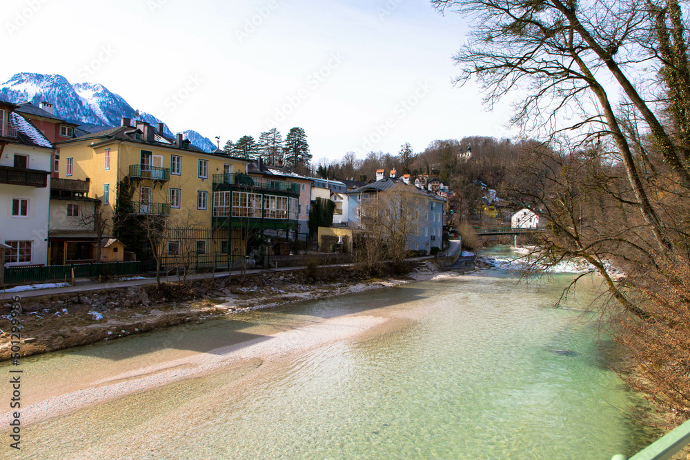 Panoramic view of the alpine spa resort town Bad Ischl on the river Traun, Upper Austria