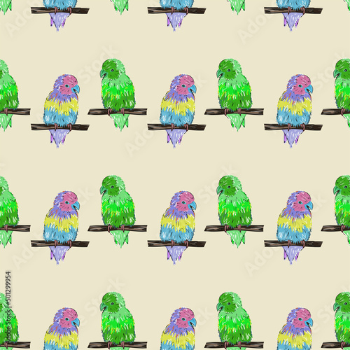 Colored parrots on twigs. Pattern, colored desktop wallpaper, pattern on fabric, background. Vector pattern.