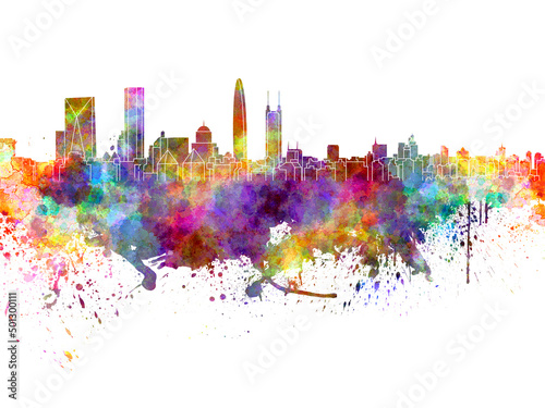 Shenzhen skyline in watercolor on white background